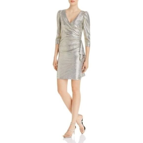 NWT AQUA Metallic Three Quarter Sleeve Mini Gold Cocktail Ruffle Dress 4 - Picture 1 of 5